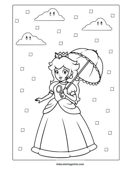 Coloring Page Of Princess Peach With A Parasol And Soft Background Details Like Clouds And Stars.