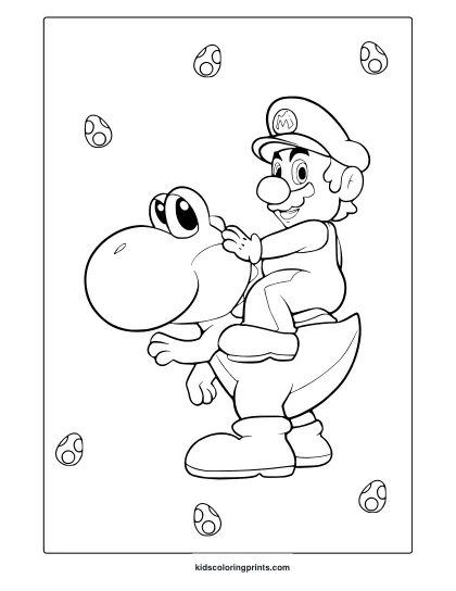 Coloring Page With Mario On Yoshi Inside View With Coins Scattered Around The Characters.