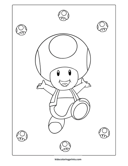 Coloring Page Featuring Toad In Cheerful Pose With Mushroom Characters All Around.