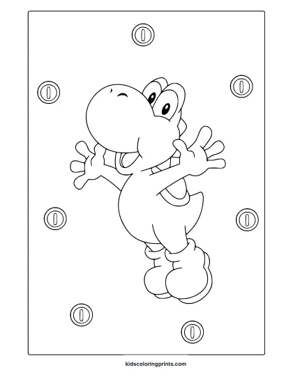 Coloring Page Of Yoshi Jumping Joyfully With Coins From The Mario Universe Around Him.