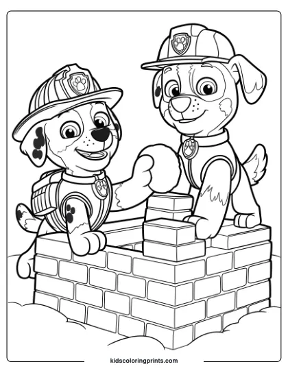 Marshall And Rocky Coloring Page With Both Pups In Construction Gear, Building A Snow Fort.