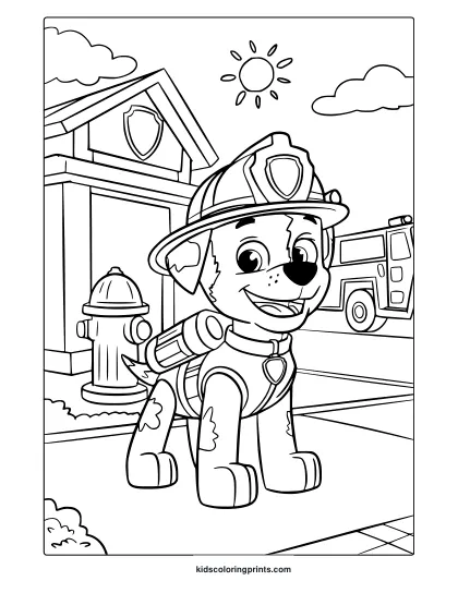 Marshall Coloring Page Featuring Paw Patrol Fire Dog At Station With Hydrant, Fire Truck, And Sunny Sky.