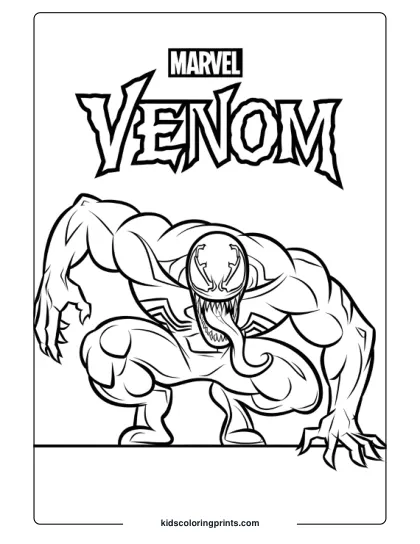 This &Quot;Marvel Venom Coloring Page&Quot; Features Venom In A Dynamic Crouching Pose, Ready To Strike. His Muscular Build And Iconic Sharp Teeth, Along With The Signature Extended Tongue, Are Prominently Displayed. The Bold &Quot;Venom&Quot; Logo At The Top Completes The Marvel-Themed Design. This Page Captures The Essence Of Venom’s Menacing And Powerful Presence, Making It Perfect For Fans To Add Their Creative Colors To This Iconic Character.