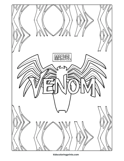 Marvel Venom Logo Coloring Page With Sharp-Edged Lettering And Abstract Pattern Frame For Creative Coloring.