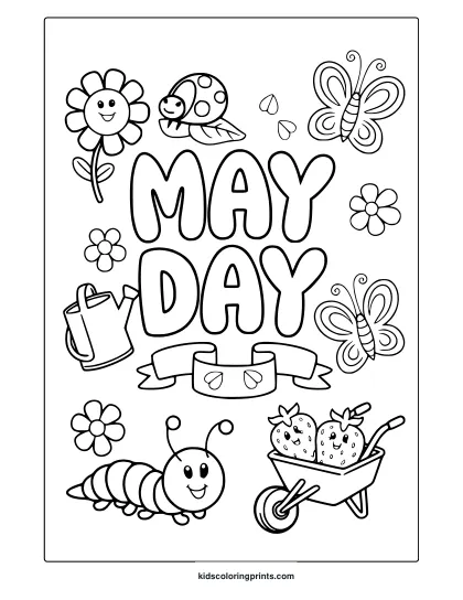 A May Day Coloring Page With Cheerful Flowers, A Ladybug, A Caterpillar, A Butterfly, And A Ribbon Banner Under The Title.