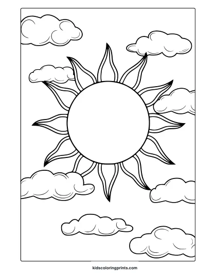 A May Sunshine Coloring Page With A Radiant Sun At The Center, Multiple Rays, And Soft Clouds In Various Shapes And Sizes.
