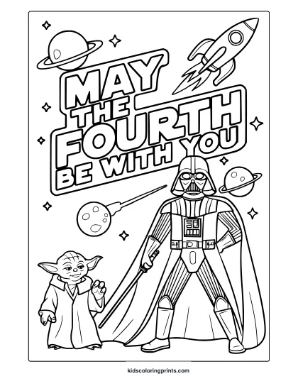 A May The Fourth Coloring Page With Baby Yoda, Darth Vader, Planets, Stars, And The Phrase 'May The Fourth Be With You'.