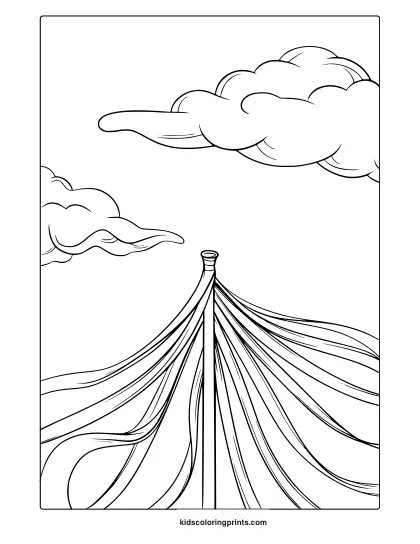 A Maypole Coloring Page Featuring A Tall Pole With Flowing Ribbons, Set Against A Serene Sky With Fluffy Clouds.