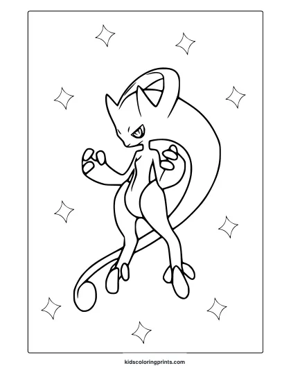 Mega Mewtwo In A Powerful Fighting Stance On A Clean And Minimalist Pokémon Coloring Page.