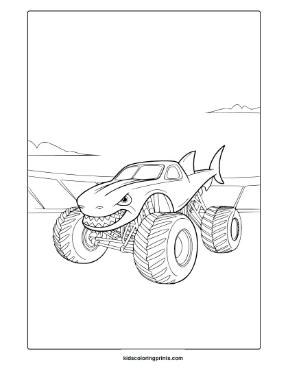 Megalodon Monster Truck With Shark Head Speeding Through A Stadium, Fierce And Fun Marine Themed Coloring Page.