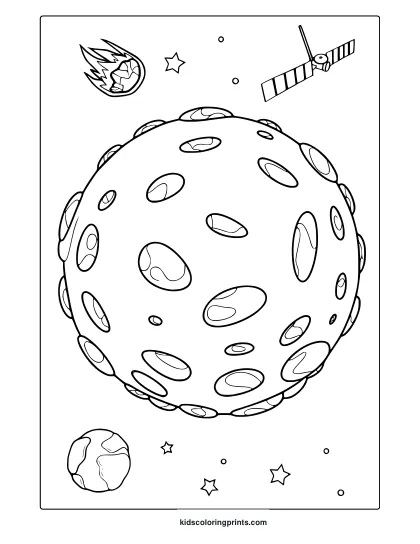 Mercury With Craters Comet Stars And Satellite. Bold And Fun Mercury Coloring Page With Cartoon Details.