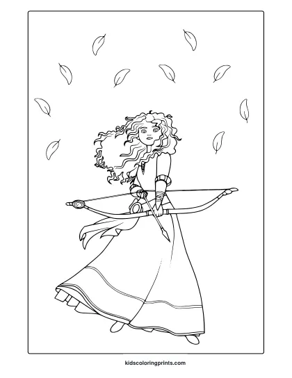 Coloring Page With Merida Holding A Bow, Wearing A Layered Dress And Surrounded By Falling Leaves.