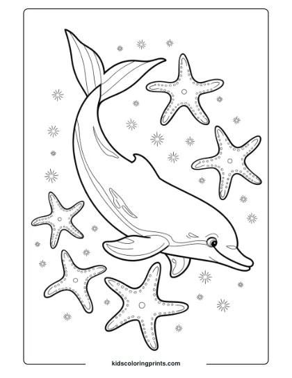 A Mermaid-Themed Dolphin With Glittering Starfish, A Magical Coloring Page Scene.