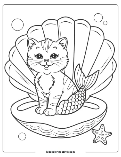 A Magical Mermaid Kitten On A Seashell, With Bubbles Nearby, Creating A Fun Underwater Coloring Page.
