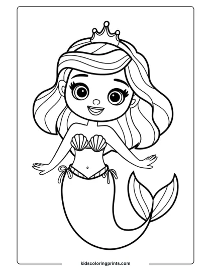 Mermaid Princess Swimming Gracefully Underwater With A Crown And A Gentle Smile In This Coloring Page.