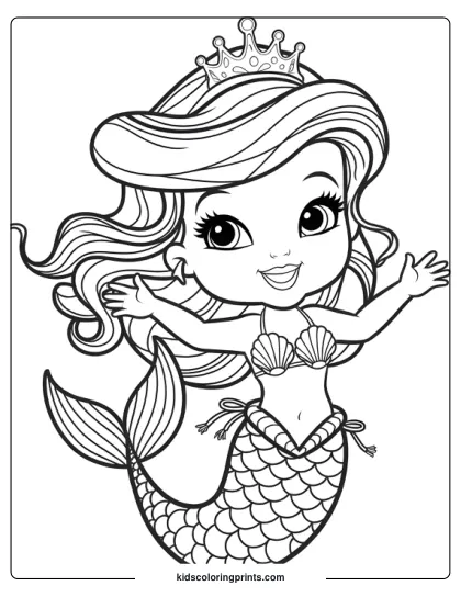 Chibi-Style Mermaid Princess Swimming Underwater With A Crown And Detailed Tail In This Cute Coloring Page.