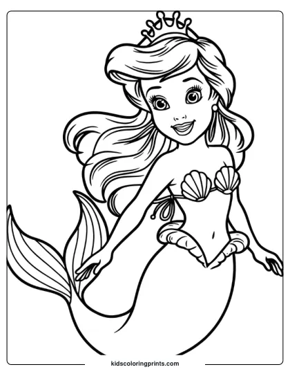 A Young Mermaid Princess With Long Wavy Hair And A Crown Swims Gracefully, Her Tail Trailing Behind Her. Her Curious Expression Adds Charm To The Scene.