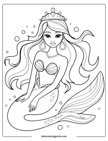 Mermaid Princess Swimming Gracefully Underwater With Bubbles And A Crown In This Coloring Page.
