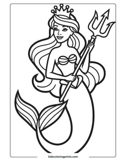 Mermaid Princess Holding A Magic Trident, Her Tail Curving Upward In This Powerful And Majestic Coloring Page.