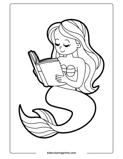Mermaid Reading A Book Underwater With Her Tail Curled Beneath Her In This Peaceful Coloring Page.
