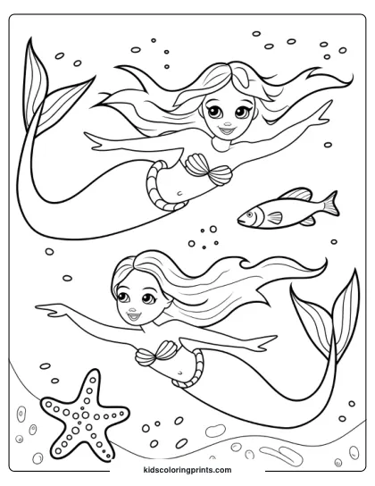 Two Mermaid Sisters Swimming Underwater, Surrounded By Small Fish And Bubbles In This Ocean-Themed Coloring Page.
