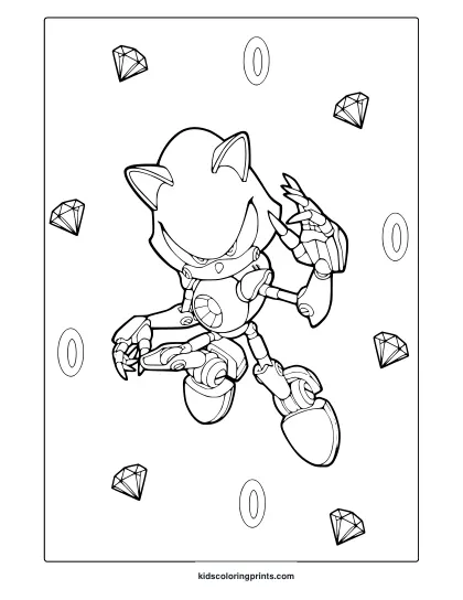 Coloring Page With Metal Sonic In A Dynamic Stance And Tech Inspired Background.