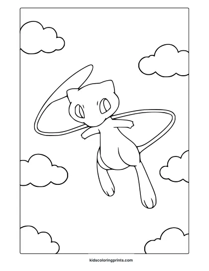 Floating Mew In A Cloud-Filled Sky Featured On A Peaceful Pokémon Coloring Page.