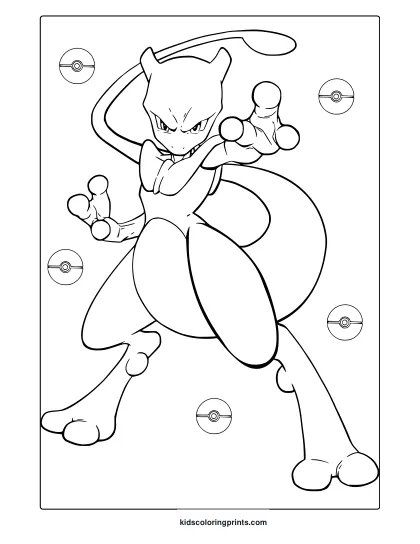 Mewtwo With Bold Features And Poké Ball Accents In A Dynamic Pokémon Coloring Page.