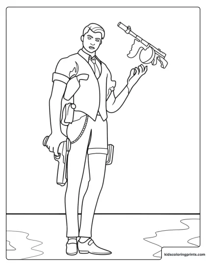Midas From Fortnite Coloring Page With Suit Vest Tie And Two Pistols