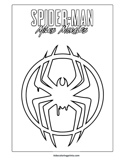 Spider-Man Miles Morales Coloring Page With Geometric Spider Emblem And Bold Text.