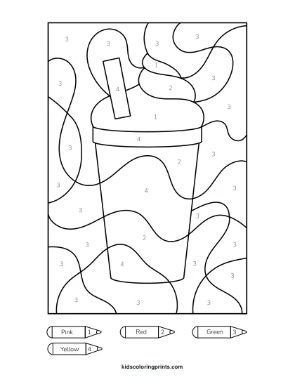 Milkshake Color By Number Coloring Page Showing A Tall Glass Shake With Whipped Top And Striped Straw.