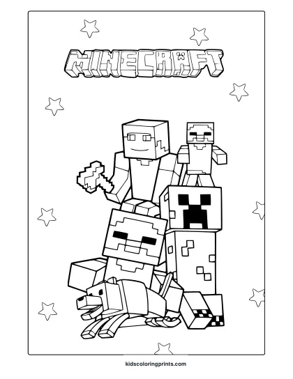 Minecraft Characters Coloring Page With Player, Creeper, And Starry Background Drawn In Bold Minecraft Style.