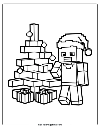 A Minecraft Character Wearing A Santa Hat Stands Next To A Christmas Tree Decorated With Baubles And Presents At The Base.