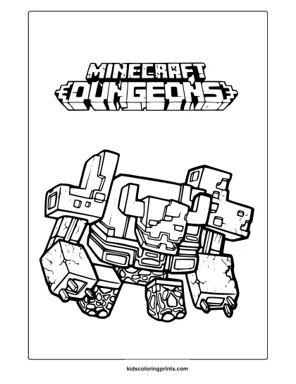 Minecraft Dungeons Character Coloring Page With Blocky Textures And Pixelated &Quot;Minecraft Dungeons&Quot; Title.
