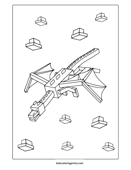 Minecraft Ender Dragon Coloring Page With Geometric, Mechanical Details And Floating Cubes In A Clean Art Style.