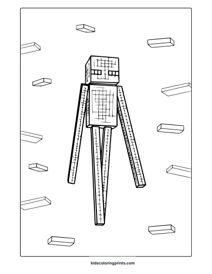 Minecraft Enderman Coloring Page With Blocky Head, Grid Patterns, And Floating Rectangular Blocks To Color.