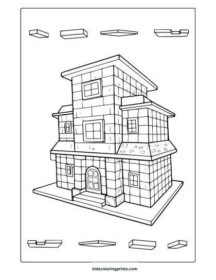 Minecraft Mansion Coloring Page With A Two Story Stone House And Tower In A Clean, Pixelated Art Style.