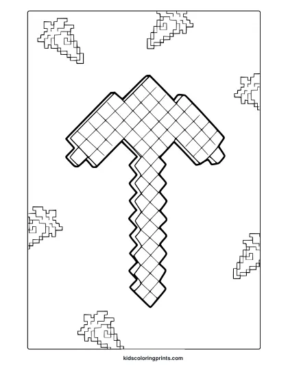 Minecraft Pickaxe Coloring Page With Pixelated Hammer And Floating Arrows In A Minimalist Blocky Style.