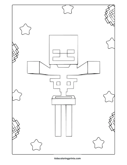 Minecraft Skeleton Coloring Page Featuring A Top Down Pixelated Character With Floating Stars And Blocks.