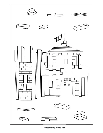 Minecraft Small Castle Coloring Page Featuring Battlements, A Central Tower, And Pixelated Background Platforms.