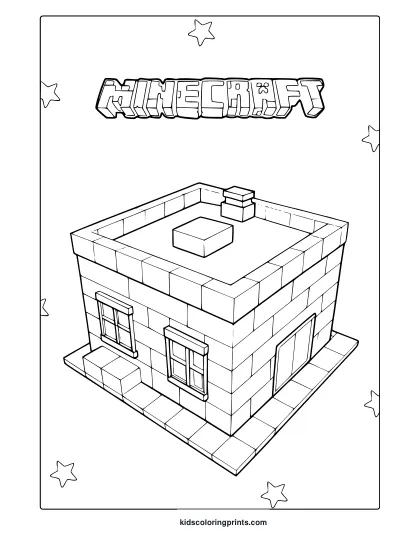 Minecraft Small House Coloring Page With Blocky Structure, Windows, And Star Decorations In A Pixelated Style.