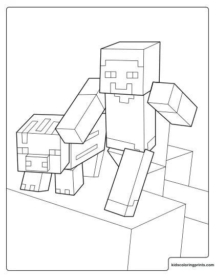 Minecraft Steve And Pig Coloring Page Standing On Block Platforms