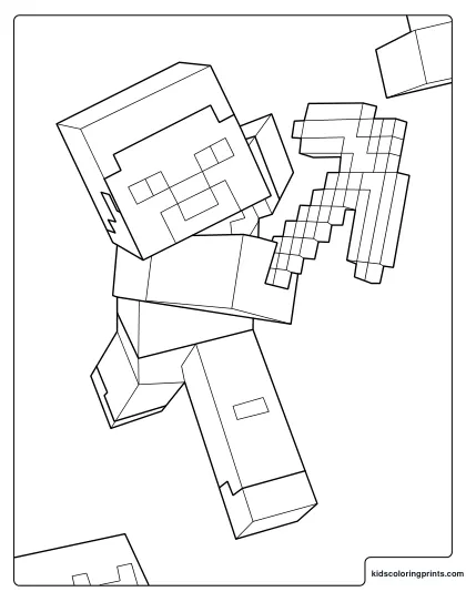 Minecraft Coloring Page Of A Blocky Hero Jumping While Holding A Pickaxe.