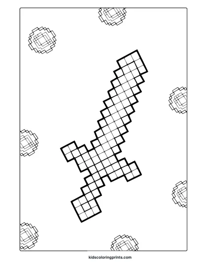Minecraft Sword Coloring Page Featuring A Blocky Sword And Scattered Pixelated Diamond Shapes Ready To Color.