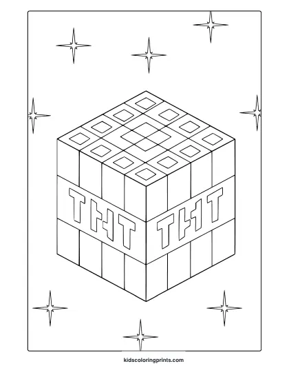 Minecraft Tnt Coloring Page With Cubic Block Design And Pixelated Stars Arranged Around A White Background.