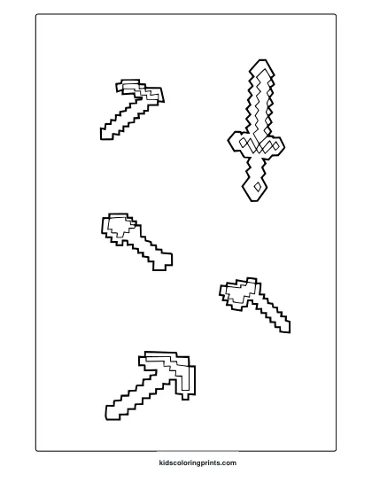 Minecraft Tools Coloring Page Featuring Pixelated Swords Arranged In A Bold, Monochromatic Grid Pattern.
