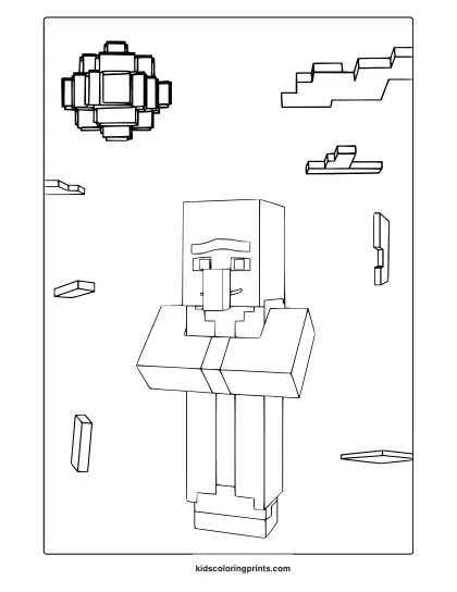 Minecraft Villager Coloring Page With Blocky Figure And Floating Cubes In A Clean, Bold Outline Style.
