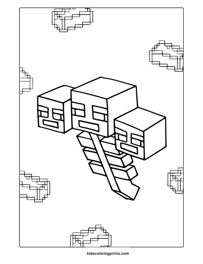 Minecraft Wither Coloring Page With Cubic Blocks, Stairs, And Scattered Pixelated Heart Icons For Coloring.