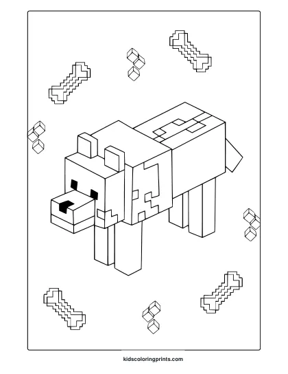 Minecraft Wolf Coloring Page Featuring A Blocky Dog Surrounded By Pixelated Bones And Diamond Blocks.