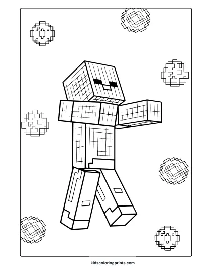 Minecraft Zombie Coloring Page Showing A Blocky Figure Walking With Pixelated Circle Backgrounds For Coloring Fun.
